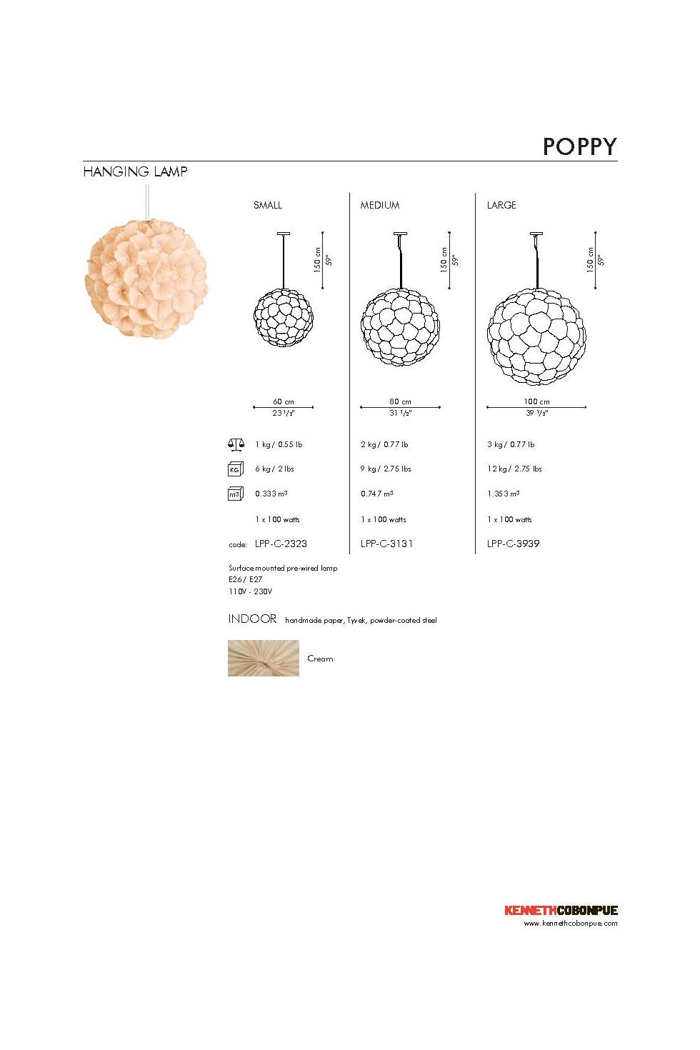 COBONPUE Poppy Hanging Lamp Small - Cream