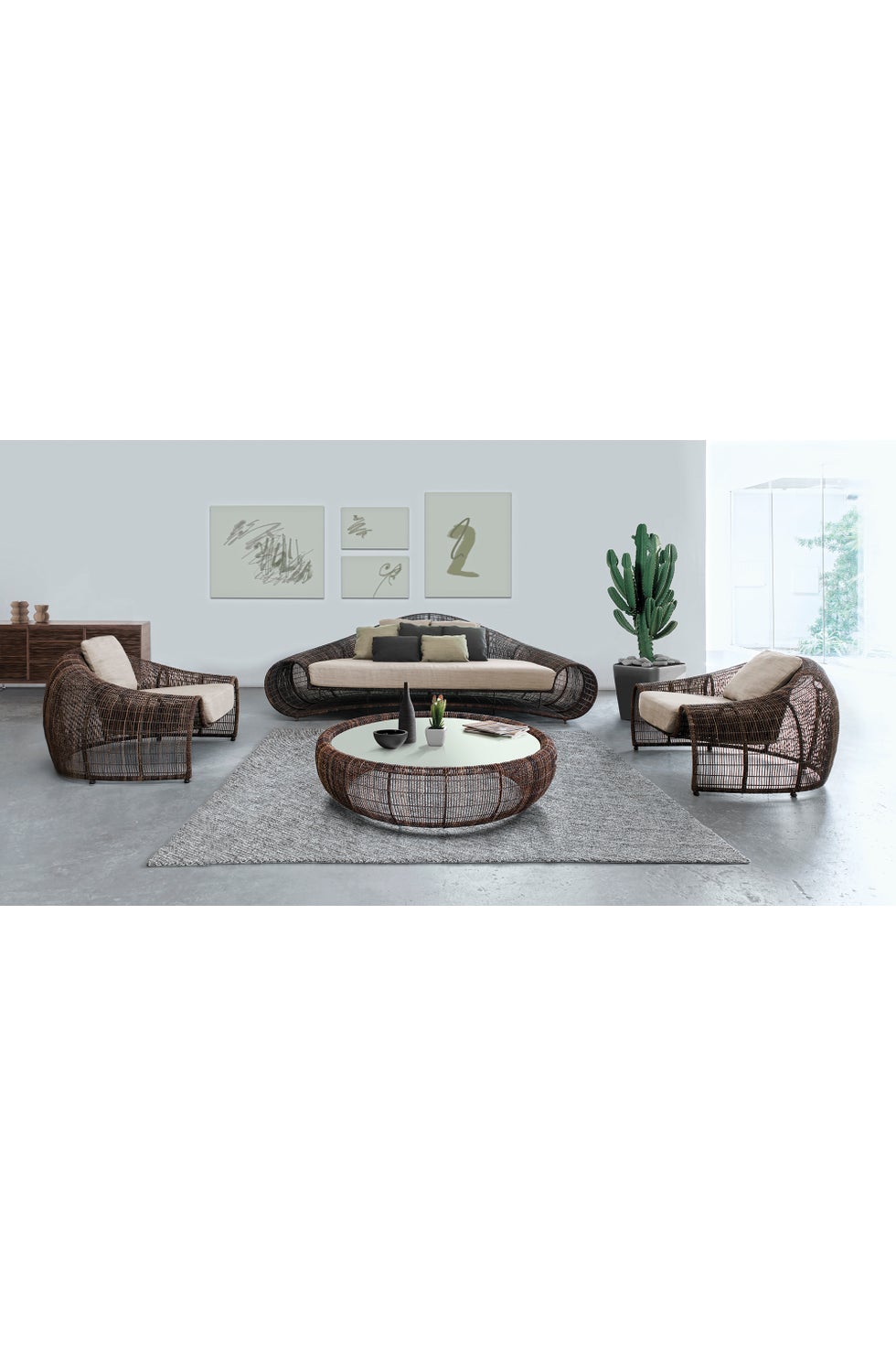 COBONPUE Croissant Coffee Table Large w/Glass Top Outdoor (2pcs)
