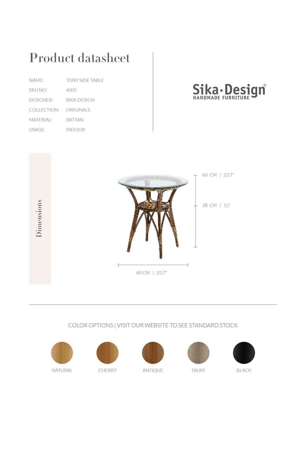 SIKA Originals Tony Rattan Side Table 60cm w/Glass Top - Antique