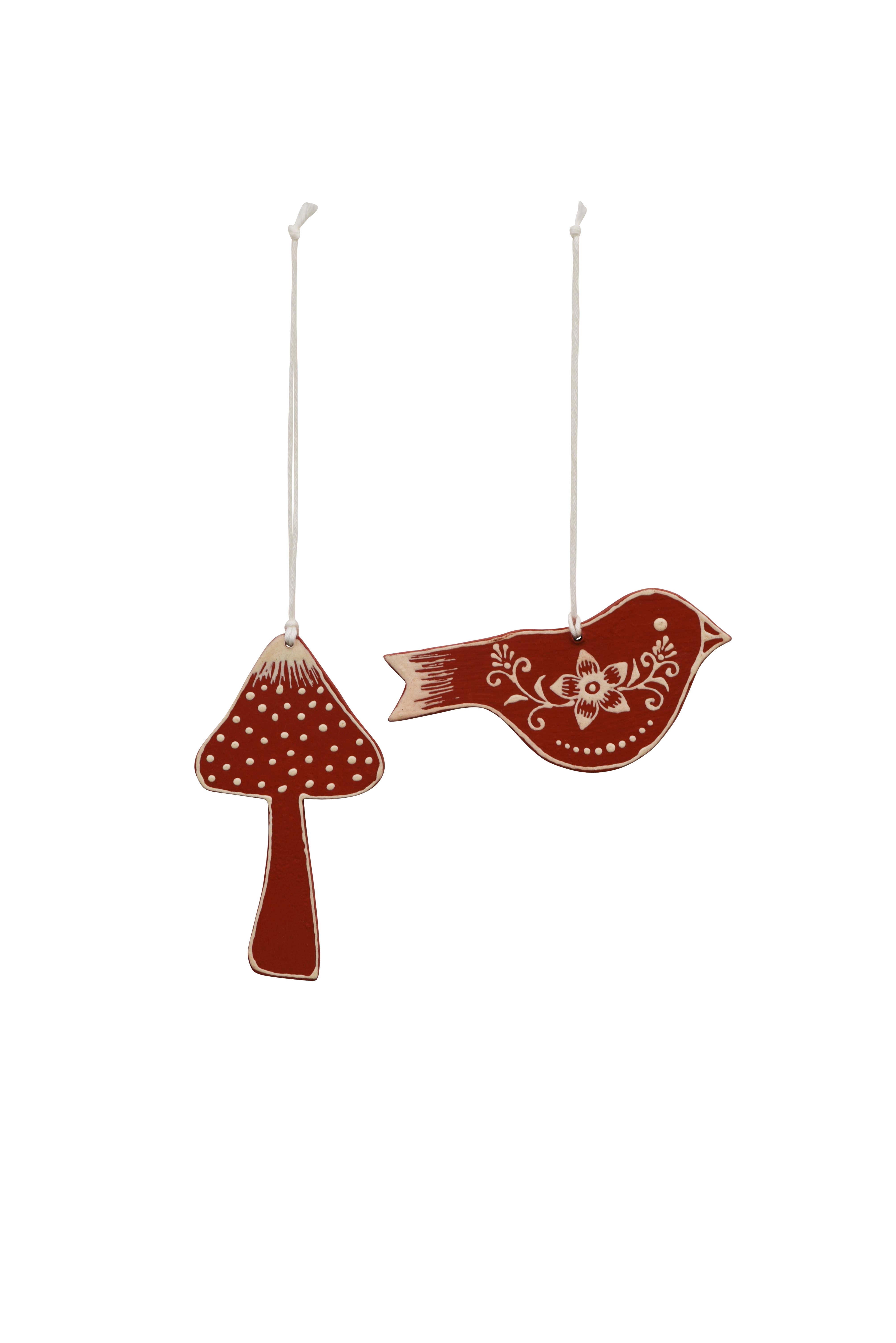 WOODEN Hanging Patterned Mushroom & Bird A/2 Red