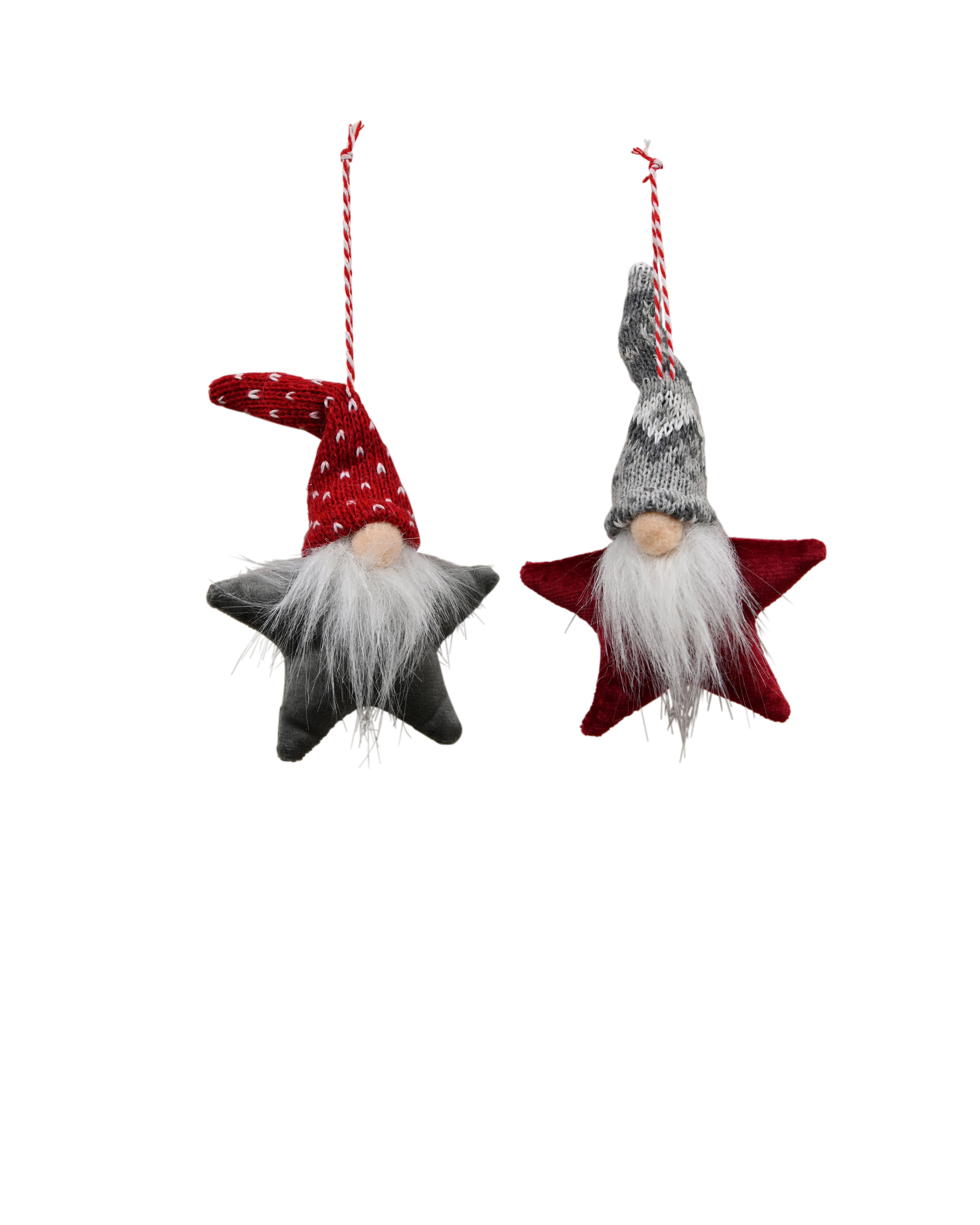 VELVET Hanging Star Santas S/2 - Red & Grey