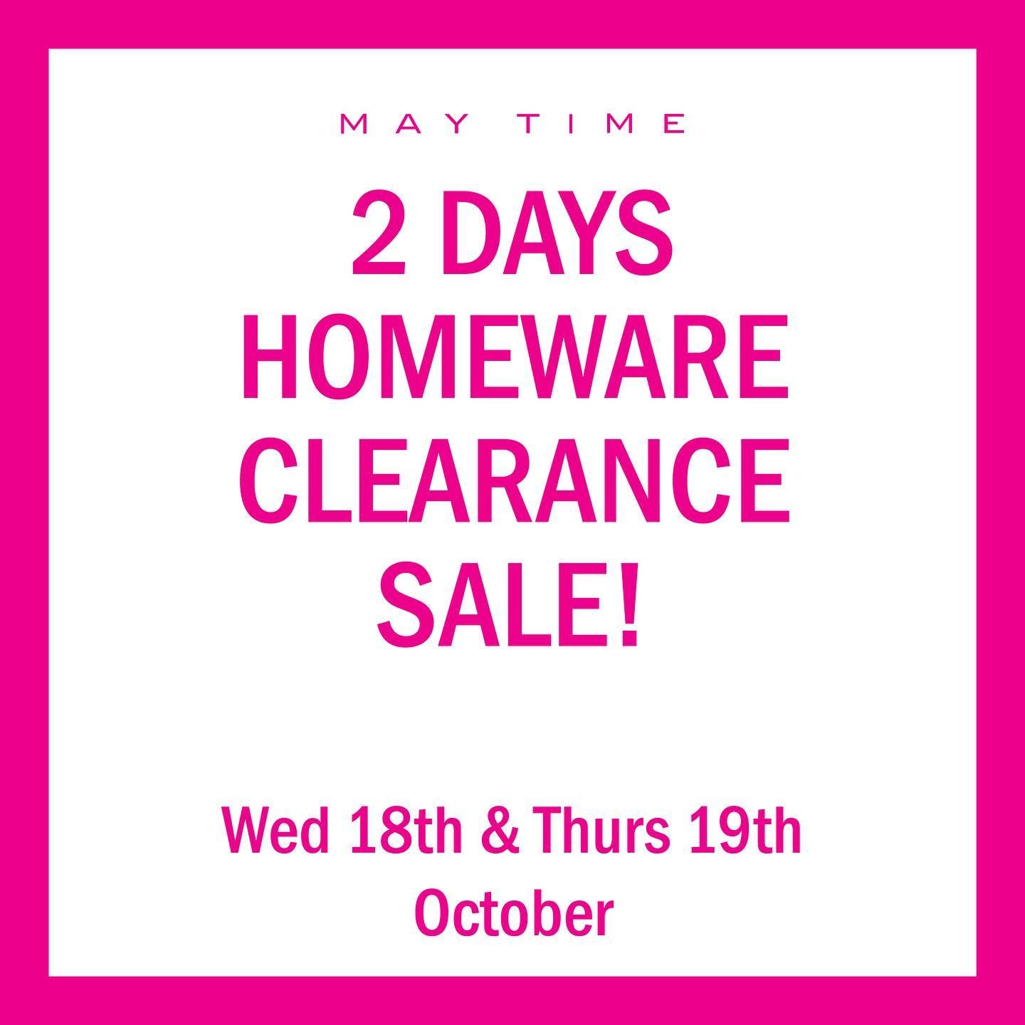 CRAZY CLEARANCE SALE!  Wednesday & Thursday, 18th & 19th October 9am to 4pm at 10E Burrett Ave, Penrose (off Walls Rd).

Discover incredible deals on everything homeware from candles to cushions, kitchenware, wall art and vases to lighting and furniture.

These are samples, last ones, and end-of-line items – all priced to go!

Please note: Eftpos only, no cash, no holds, exchanges or returns.

Don't miss out on getting some bargains for home or gifts. Open to the public!
.
.
#homeware #sale #clearance #2daysale #furniture #lighting #gifts