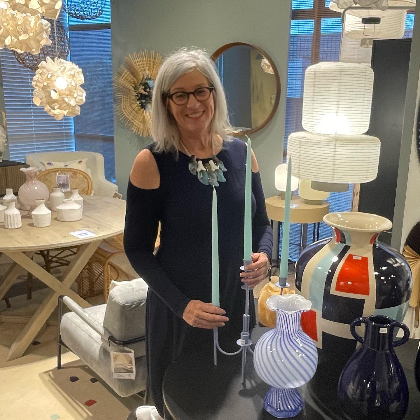 What a busy day @maytimeliving showroom launching our new Spring/Summer range. Always a pleasure having our rep Carol Kavanagh up from the South Island pictured standing with our new Farri candlestick and striped blue Mella vase by Broste @carolk_agencies  #brostecopenhagen